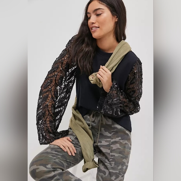 Anthropologie Tops - ❤️ ANTHROPOLOGIE MAEVE TASHA SEQUIN LACE SLEEVED SWEATSHIRT, SMALL